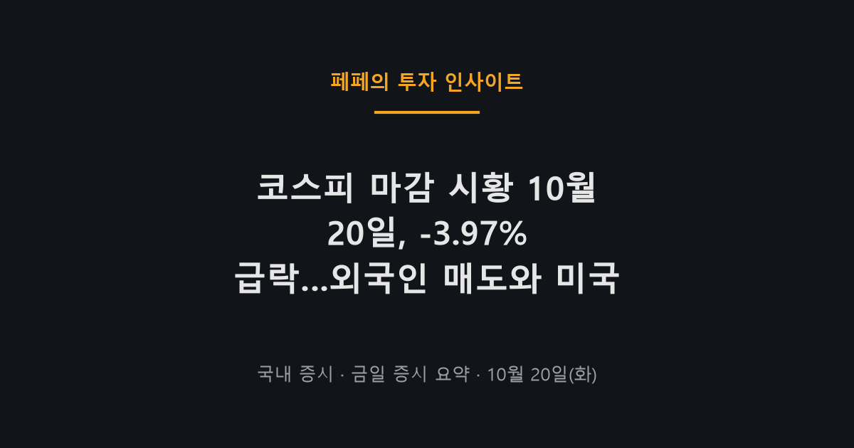 코스피 마감 시황, 10월 20일 외국인 매도 급락 차트